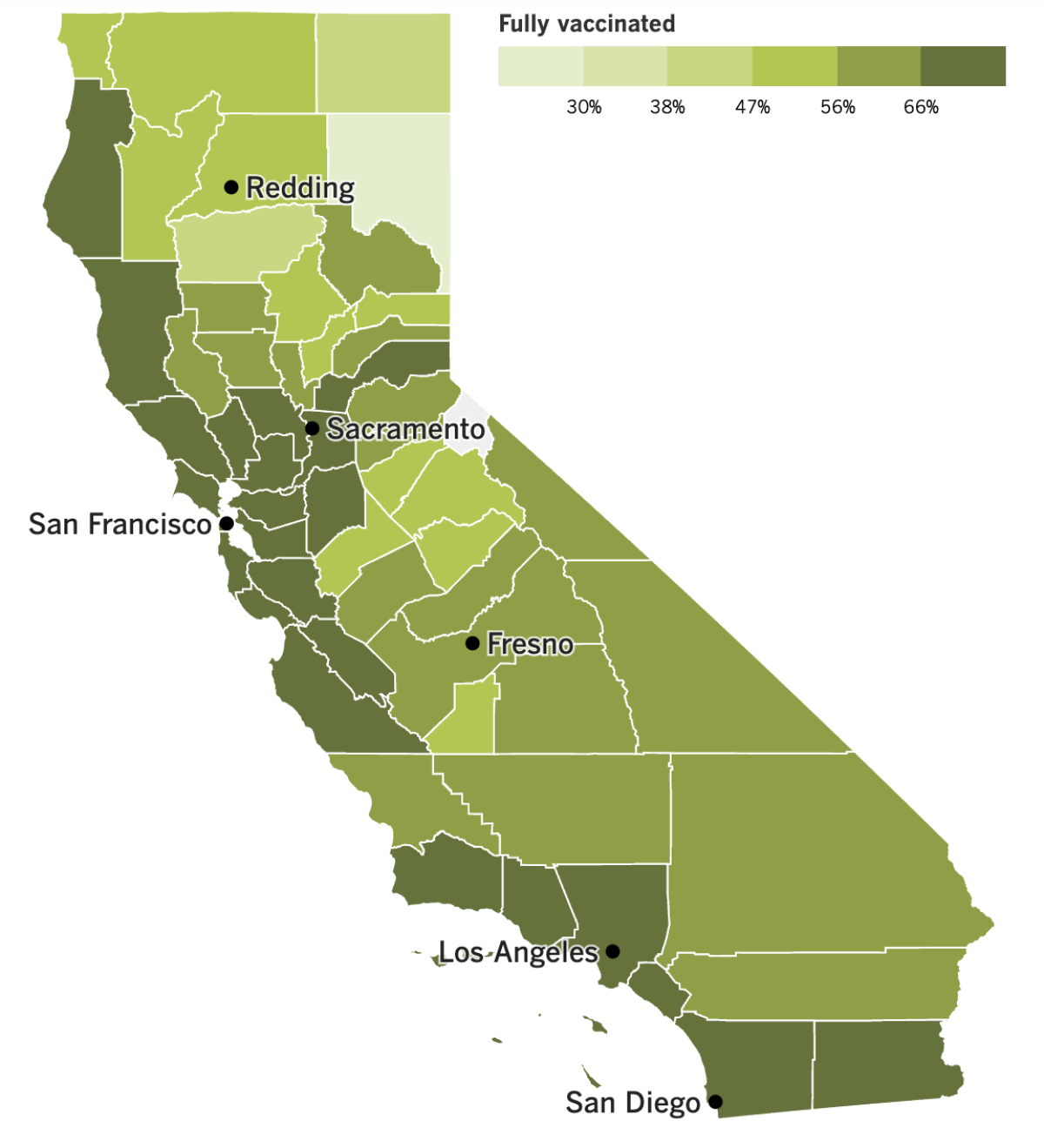 A map showing California's COVID-19 vaccination progress by county as of Feb. 14, 2023.