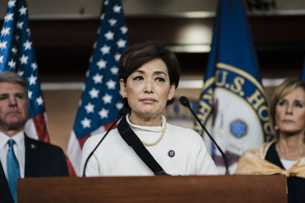 Rep. Young Kim (R-CA) speaks during a news conference at the U.S. Capitol
