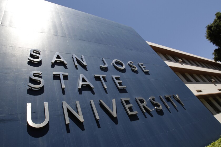 File - In this June 30, 2011 file photo is an exterior view of San Jose State University in San Jose, Calif.
