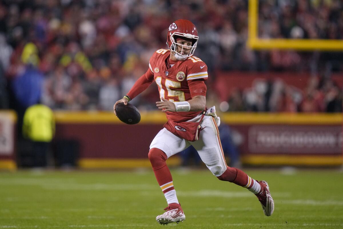 Kansas City Chiefs quarterback Patrick Mahomes looks to pass  against the Philadelphia Eagles in November.