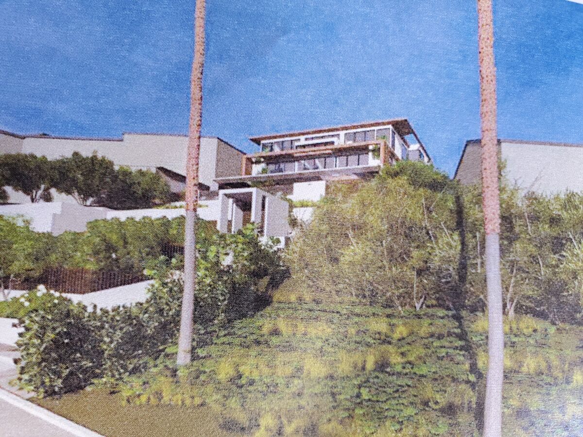 A rendering shows the view from the street of a proposed development at 8421 Whale Watch Way.