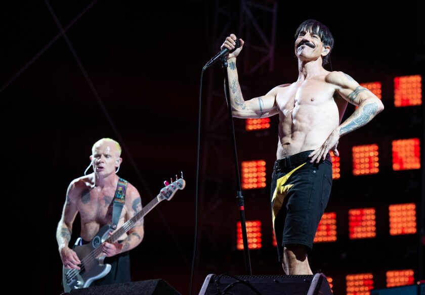 Lead vocalist Anthony Kiedis and bassist Flea of Red Hot Chili Peppers