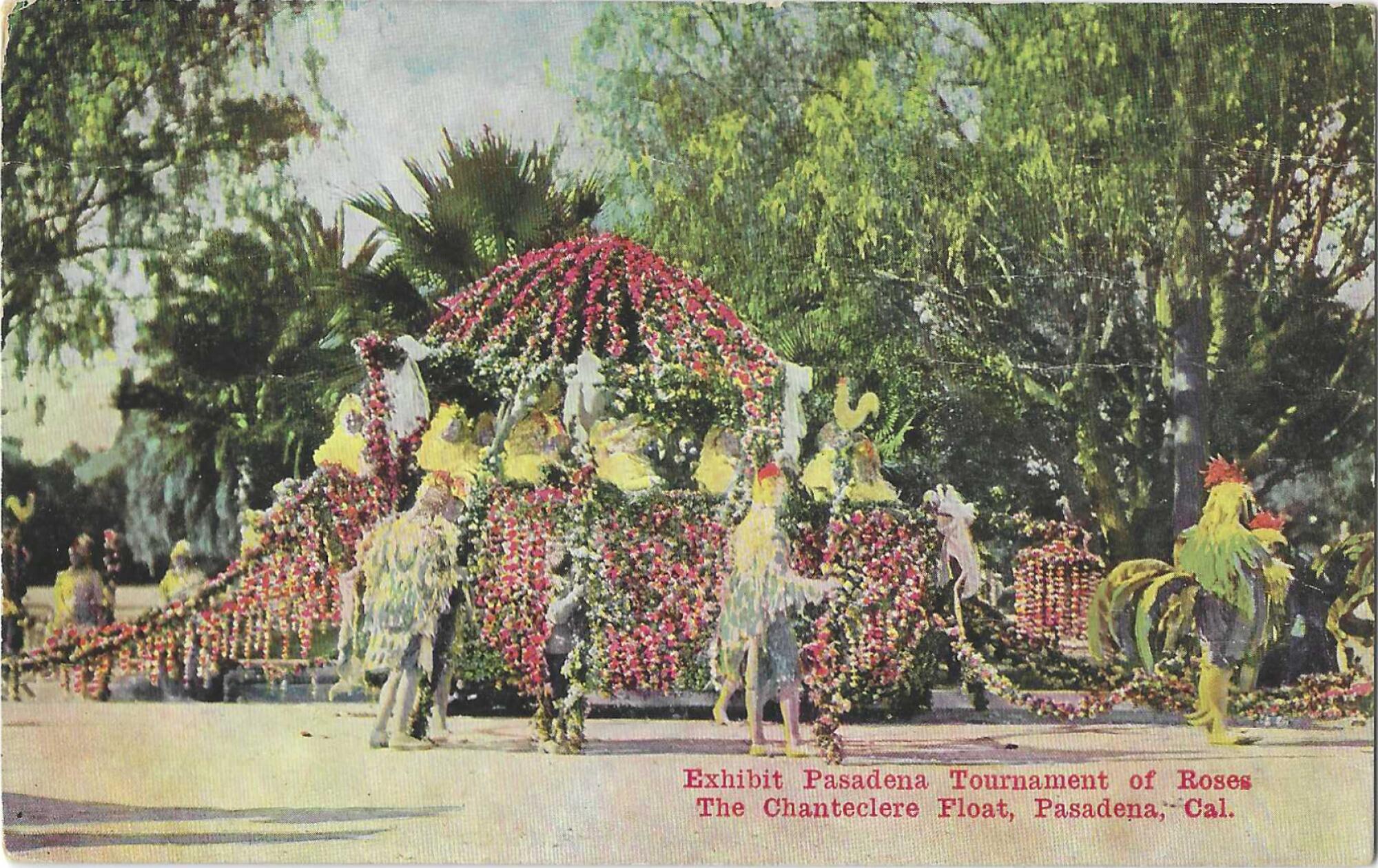 Pink flowers on an egg-shaped float, with people dressed as chicks inside and people wearing chicken costumes outside