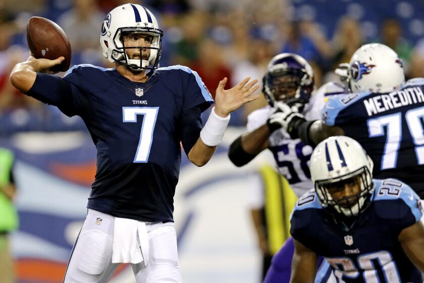Titans quarterback Zach Mettenberger unloads a pass during a preseason game against the Vikings on Sept. 3
