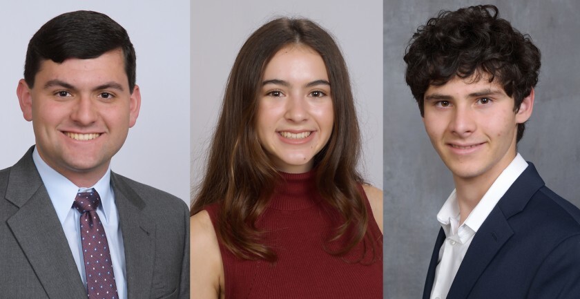 Ethan Hirschberg, 18, of Carlsbad, left; Beatriz De Oliveira, 17, of Carmel Valley; and John Finkelman, 18, of Carmel Valley have each received the 2019 Diller Teen Tikkun Olam Award, which honors 15 American Jewish teens with a $36,000 prize for their charitable efforts to repair the world.
