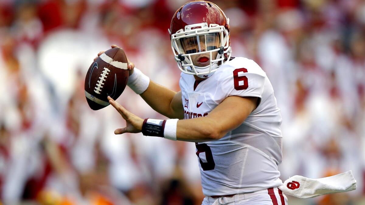 Oklahoma quarterback Baker Mayfield completed 17 passes for 187 yards and three touchdowns, each scoring strike after halftime.