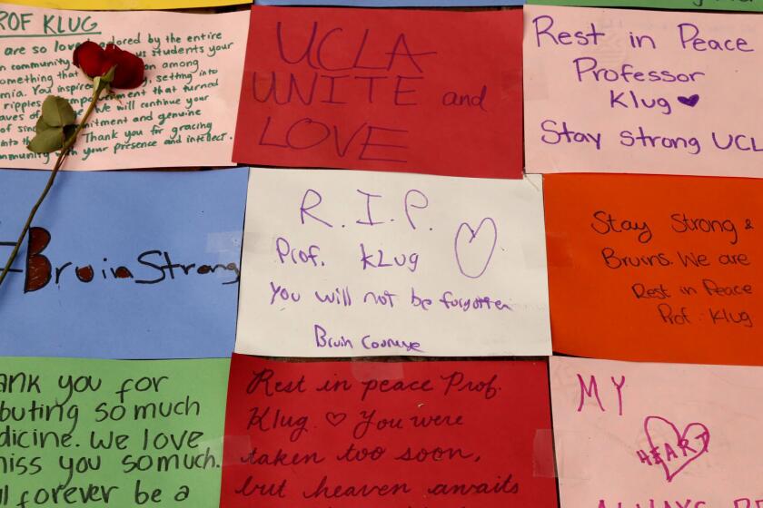 A memorial left at "The Bruin" on the UCLA campus Friday morning.