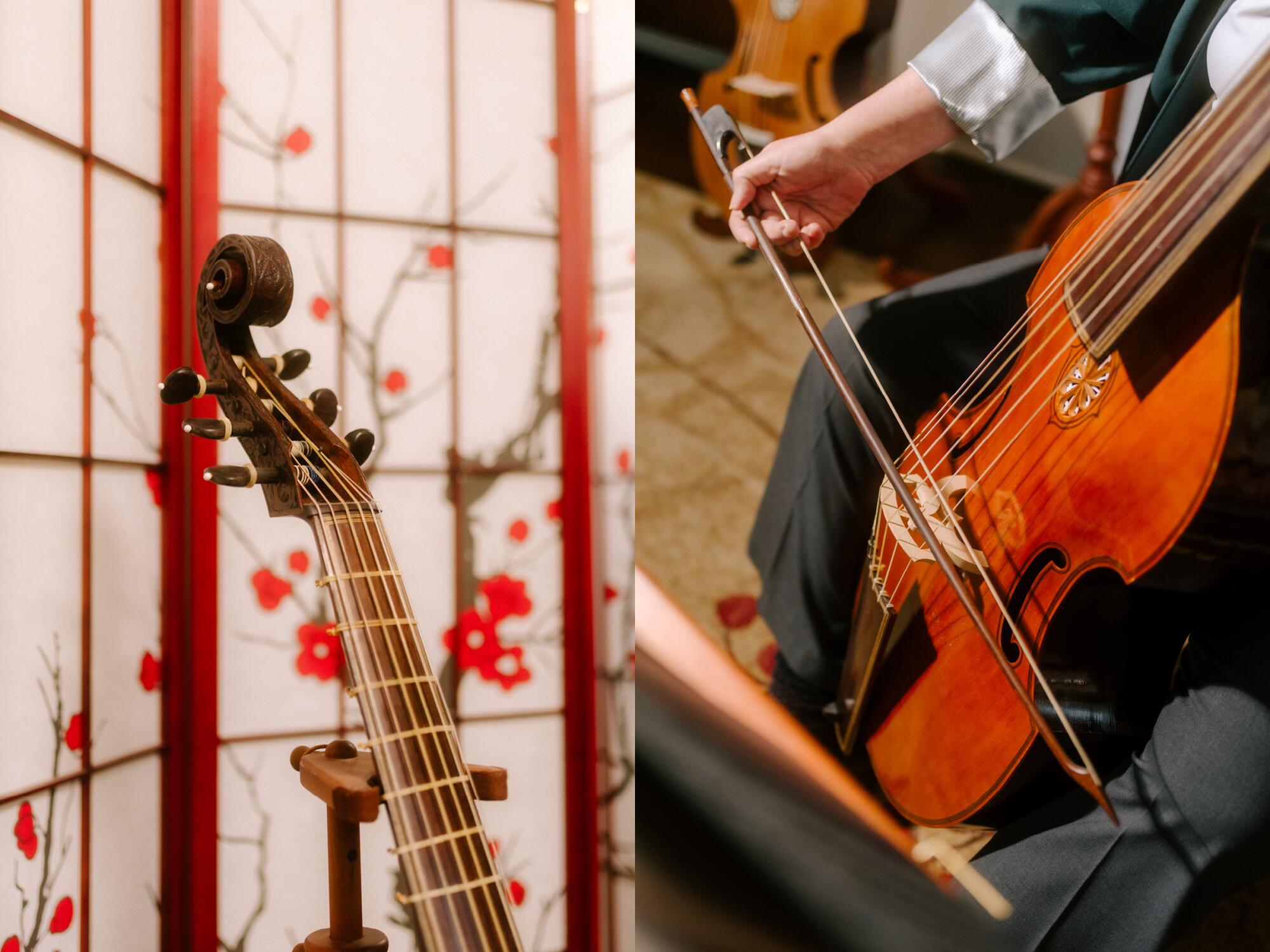 A close-up of a viola da gamba, a cello-like instrument.
