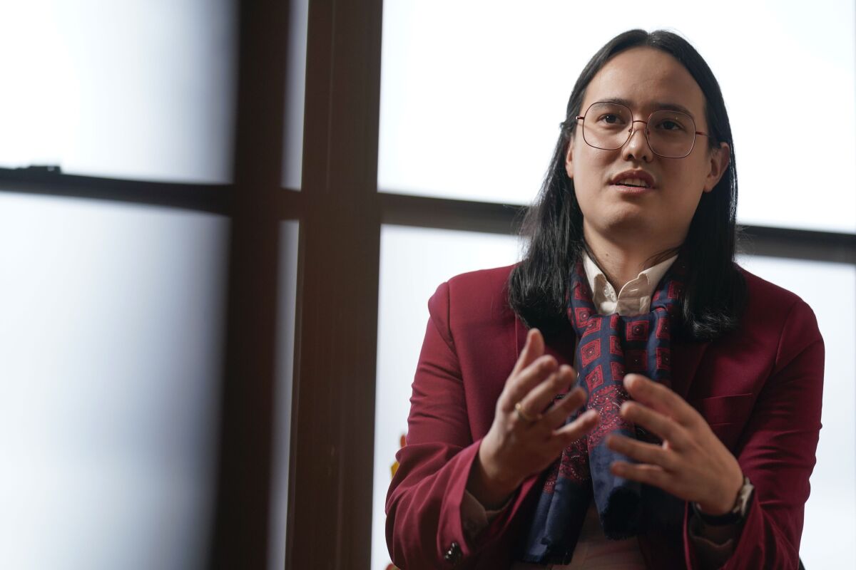 Hoan Ton-That, CEO of Clearview AI, talks to reporters in New York, Tuesday, Feb. 22, 2022. Ton-That disclosed the plans Friday, April 1, 2022, to The Associated Press to clarify a recent federal court filing that suggested the company was up for sale. “We don’t have any plans to sell the company,” he said. (AP Photo/Seth Wenig)