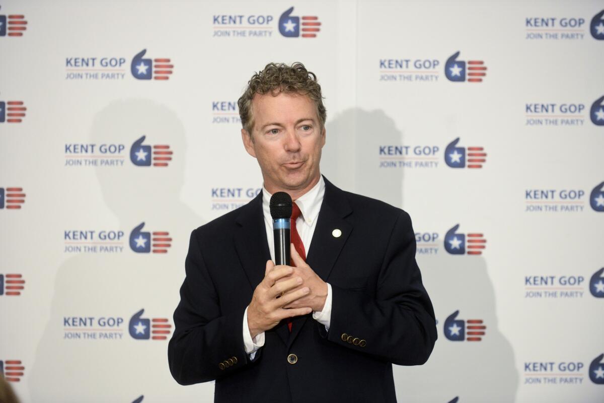 Kentucky Sen. Rand Paul speaks during an event hosted by Mighigan Rep. Justin Amash at the Kent County Republican Party Headquarters in Grand Rapids, Mich., Monday.