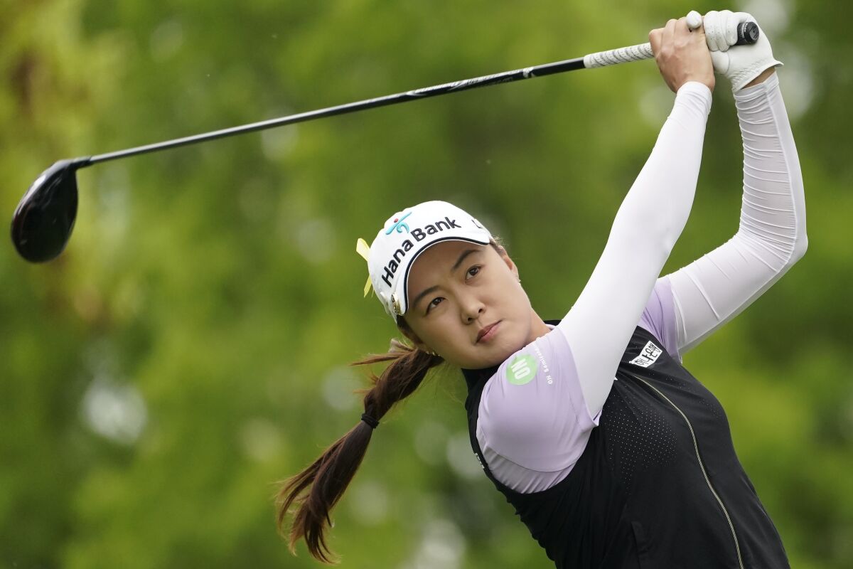 Minjee Lee tees off on the second hole during the third round of the LPGA Cognizant Founders Cup golf tournament, Saturday, May 14, 2022, at the Upper Montclair Country Club in Clifton, N.J. (AP Photo/John Minchillo)
