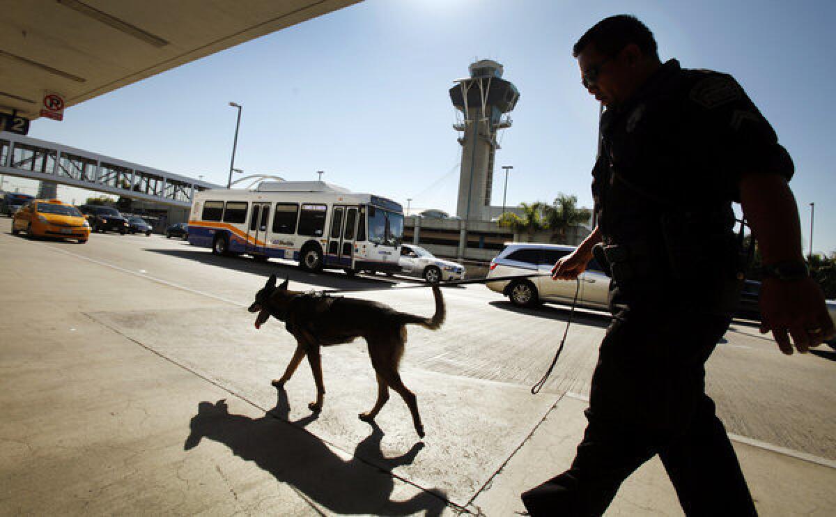 A Los Angeles Airport police officer and a bomb-sniffing dog walk through Los Angeles International Terminal 2 on Oct. 15, as part of the increased security at the airport following a rash of dry-ice bombs.