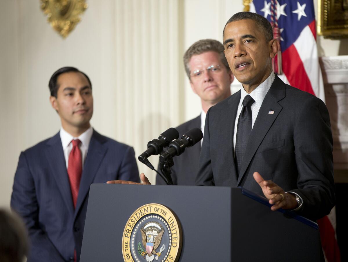 President Obama announces the nomination of San Antonio Mayor Julian Castro, left, to lead the Department of Housing and Urban Development to replace Shaun Donovan, center, who the president named to head the Office of Management and Budget, at the White House on Friday.