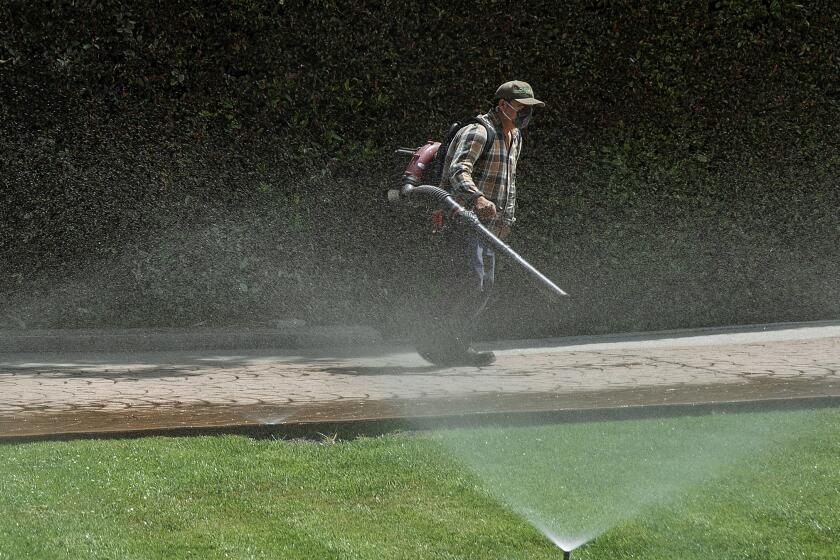 LOS ANGELES, CA-APRIL 28, 2022: A gardener uses a leaf blower while cleaning a driveway as sprinklers water the front lawn of a home on Sunset Blvd. near Carmelina Ave. in Los Angeles. (Mel Melcon / Los Angeles Times)