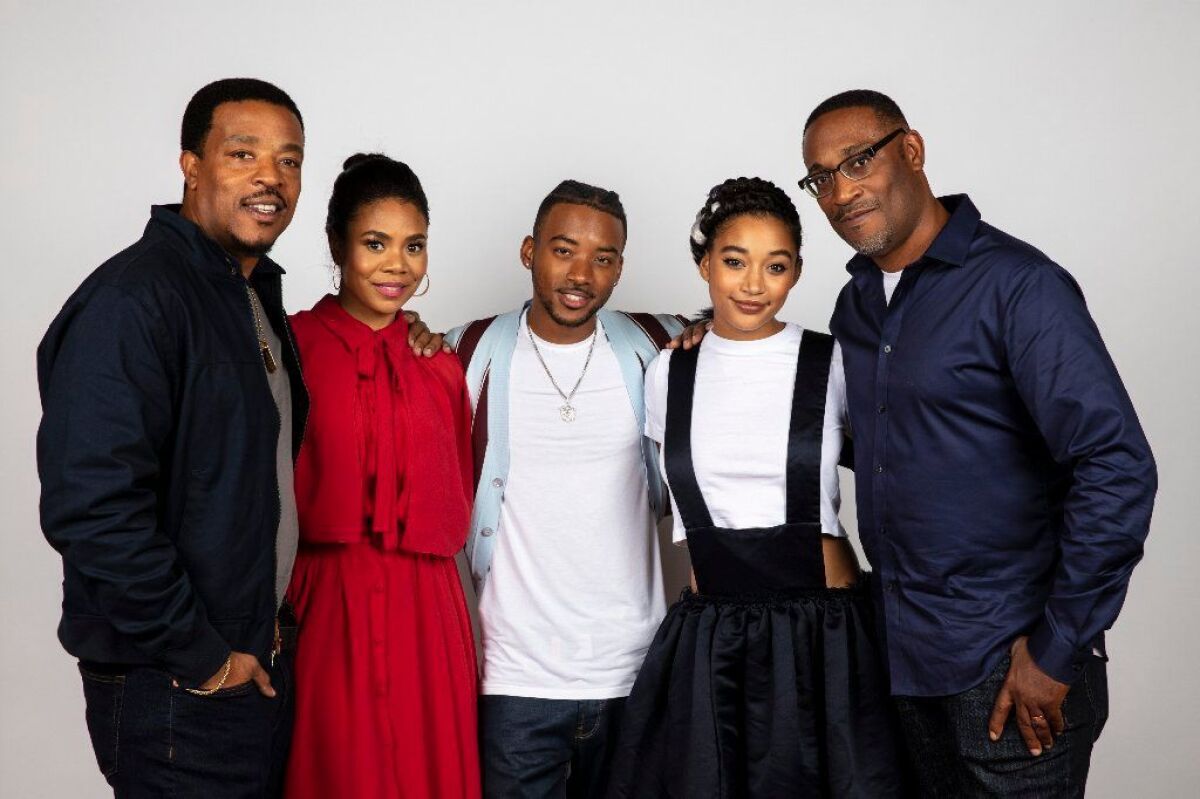 Actor Russell Hornsby, actress Regina Hall, actor Algee Smith, actress Amandla Stenberg, and director George Tillman Jr., from the film "The Hate U Give."