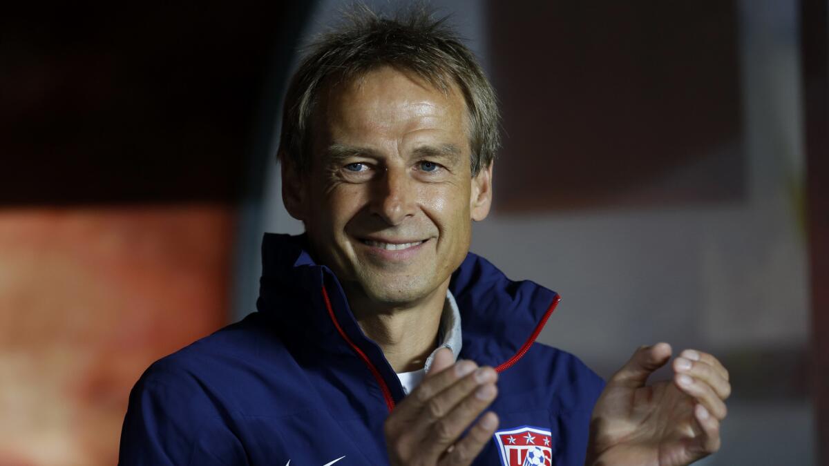 U.S. men's national team Coach Juergen Klinsmann smiles during an international friendly against Czech Republic on Sept. 3.