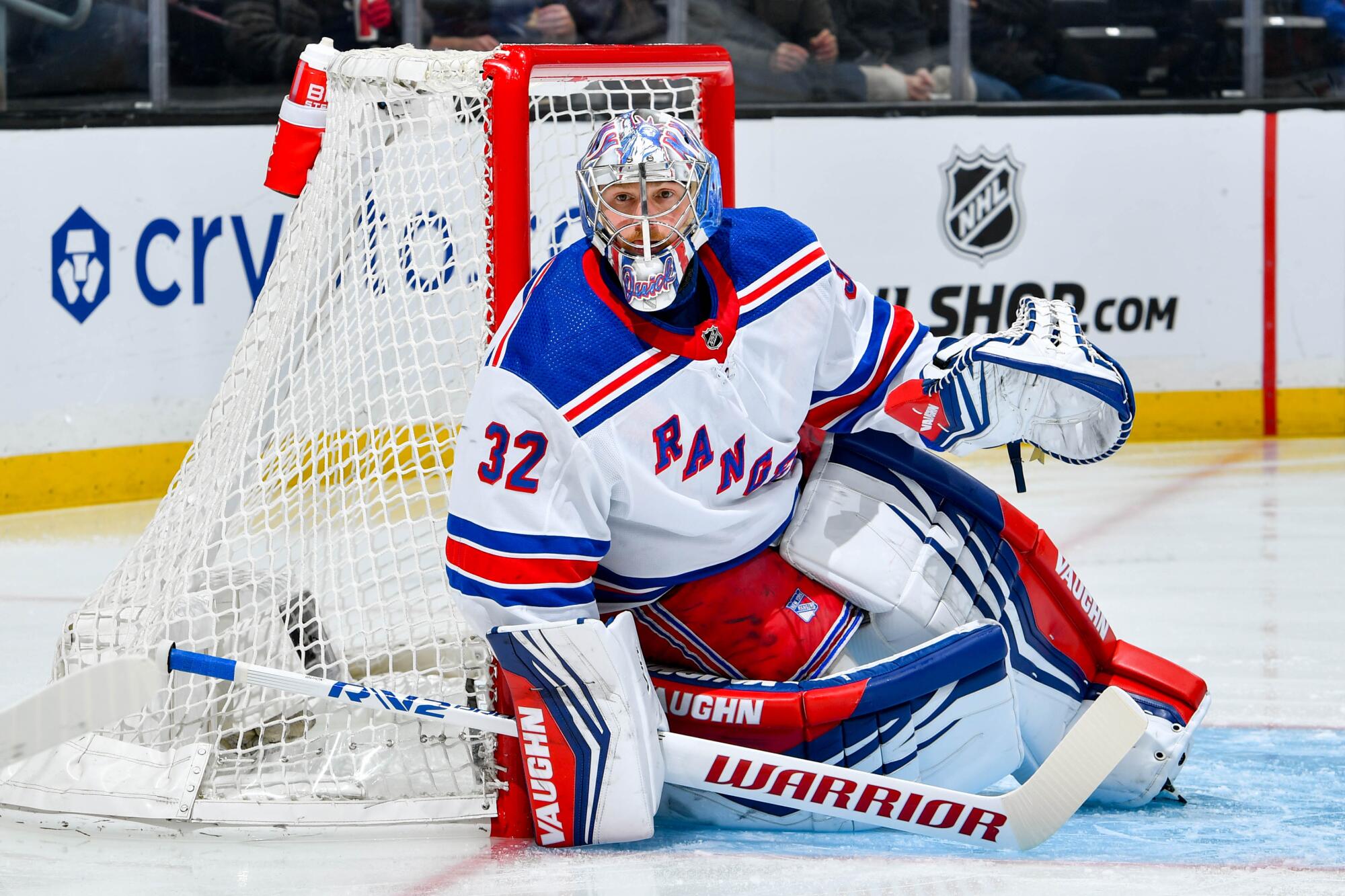 New York Rangers goaltender Jonathan Quick protects the goal.