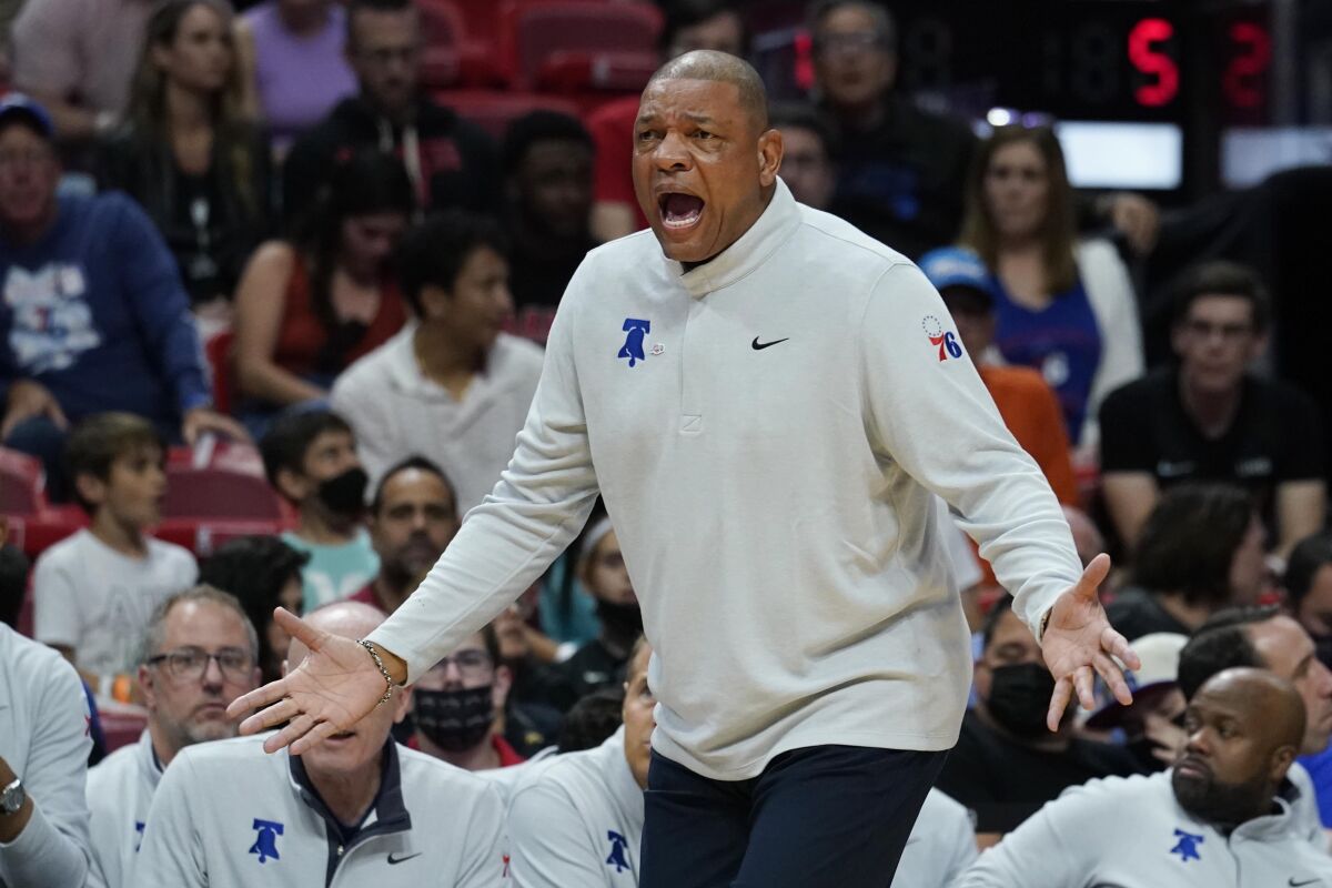 Philadelphia 76ers head coach Doc Rivers reacts to a call during the first half of an NBA basketball game against the Miami Heat, Saturday, March 5, 2022, in Miami. (AP Photo/Marta Lavandier)