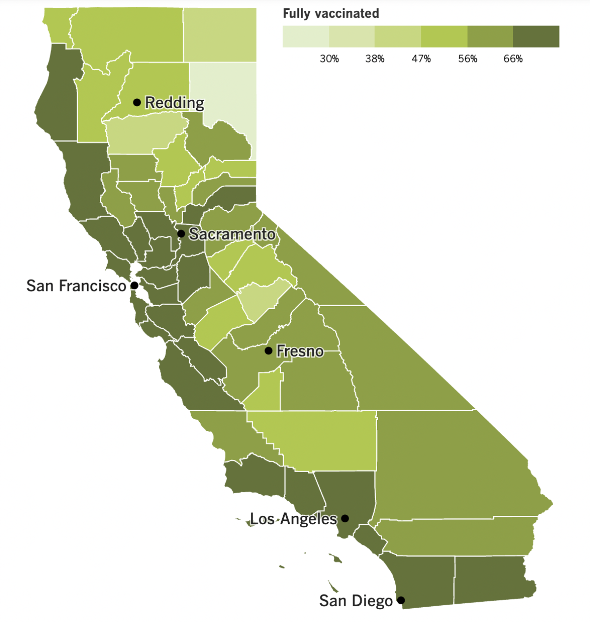 A map of California showing rates in each county in shades of green, with dark green representing over 60% fully vaccinated.