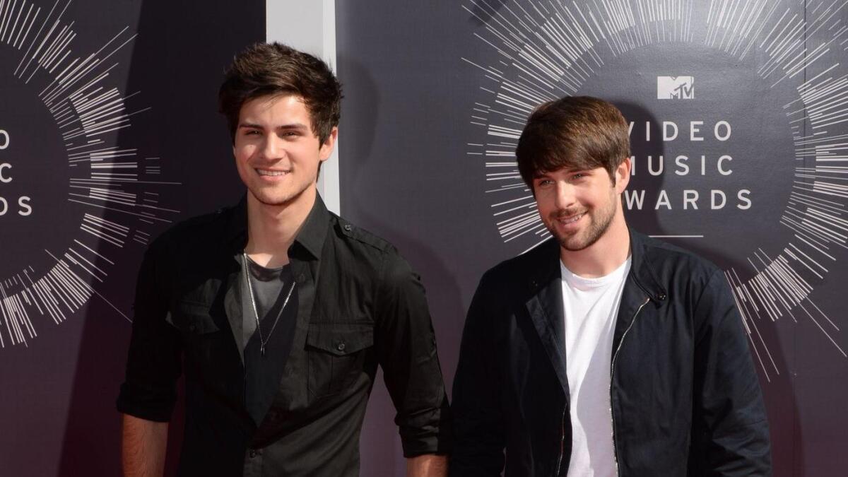 YouTube stars Anthony Padilla, left, and Ian Andrew Hecox arrive at the MTV Video Music Awards last month in Inglewood.