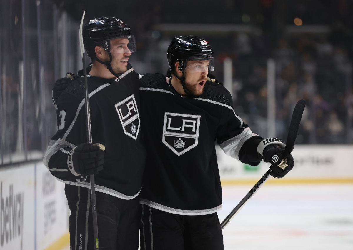The Kings' Matt Roy, left, and Viktor Arvidsson are all smiles after a second-period goal.