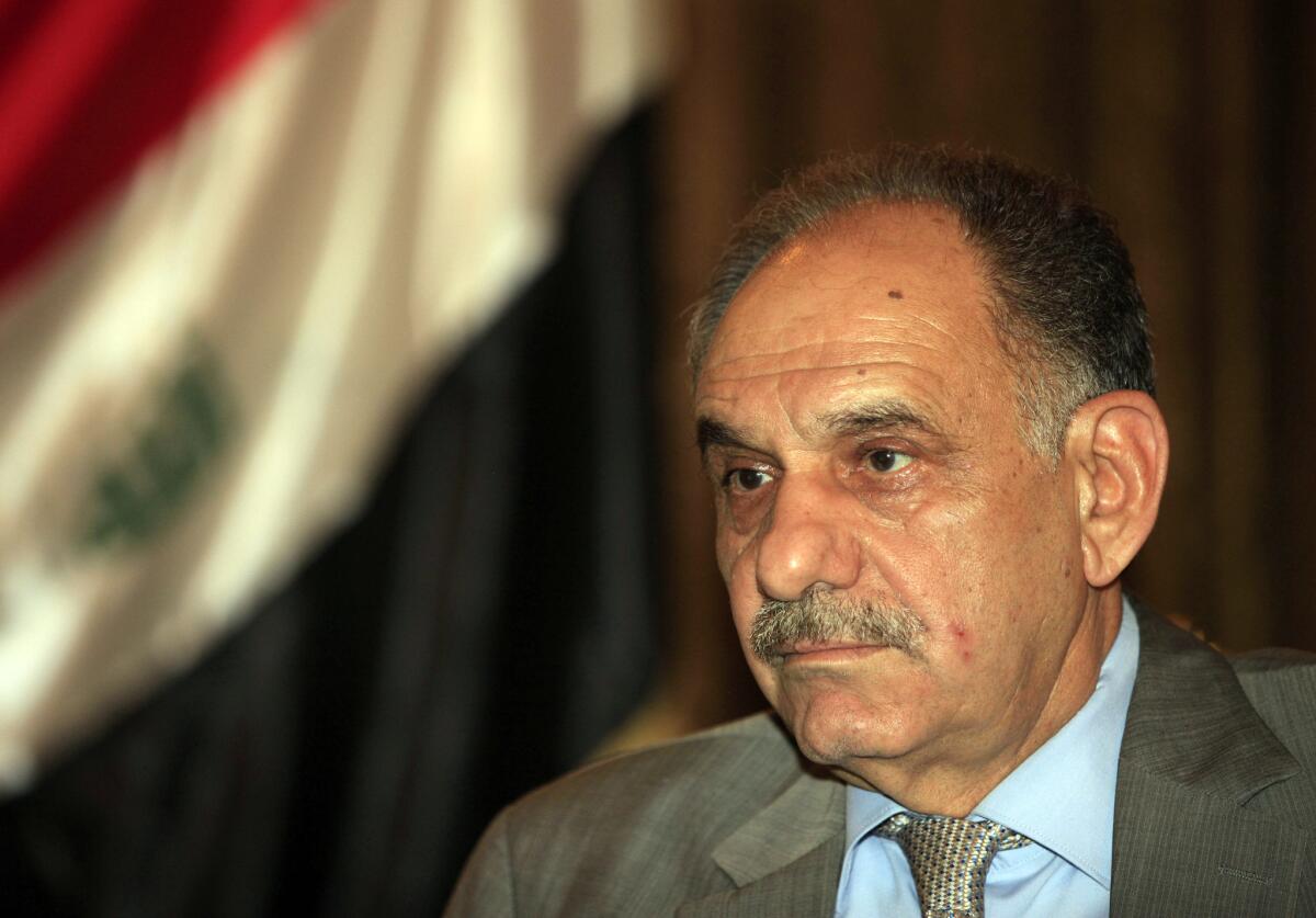 In this May 2013 file photo, Iraqi Deputy Prime Minister Saleh Mutlaq gives an interview to the Associated Press in Baghdad.