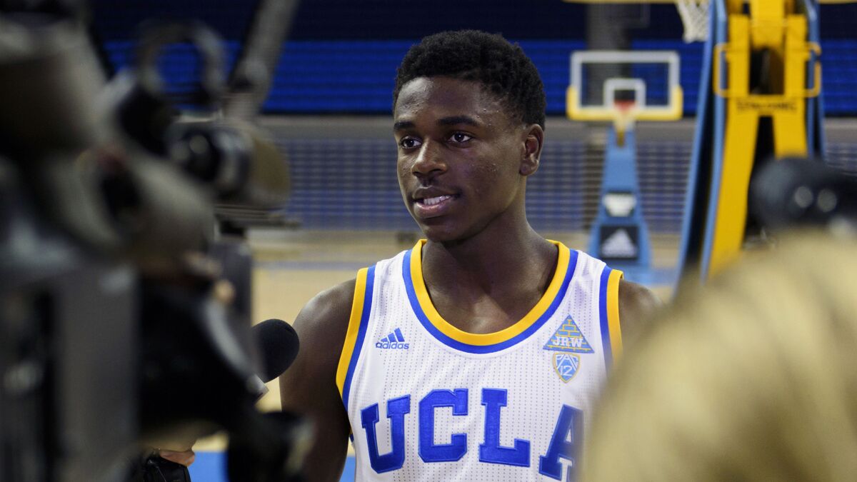 UCLA guard Aaron Holiday is interviewed during media day on Oct. 14.