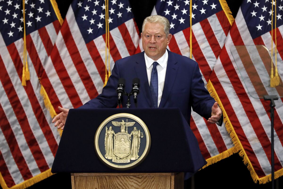 FILE - In this July 18, 2019, file photo, former Vice President Al Gore speaks at Fordham University in New York. Gore endorsed Joe Biden’s White House bid on Wednesday, April 22, 2020, declaring that choosing the presumptive Democratic nominee over President Donald Trump is “not rocket science” and “not a close call.” (AP Photo/Richard Drew, File)