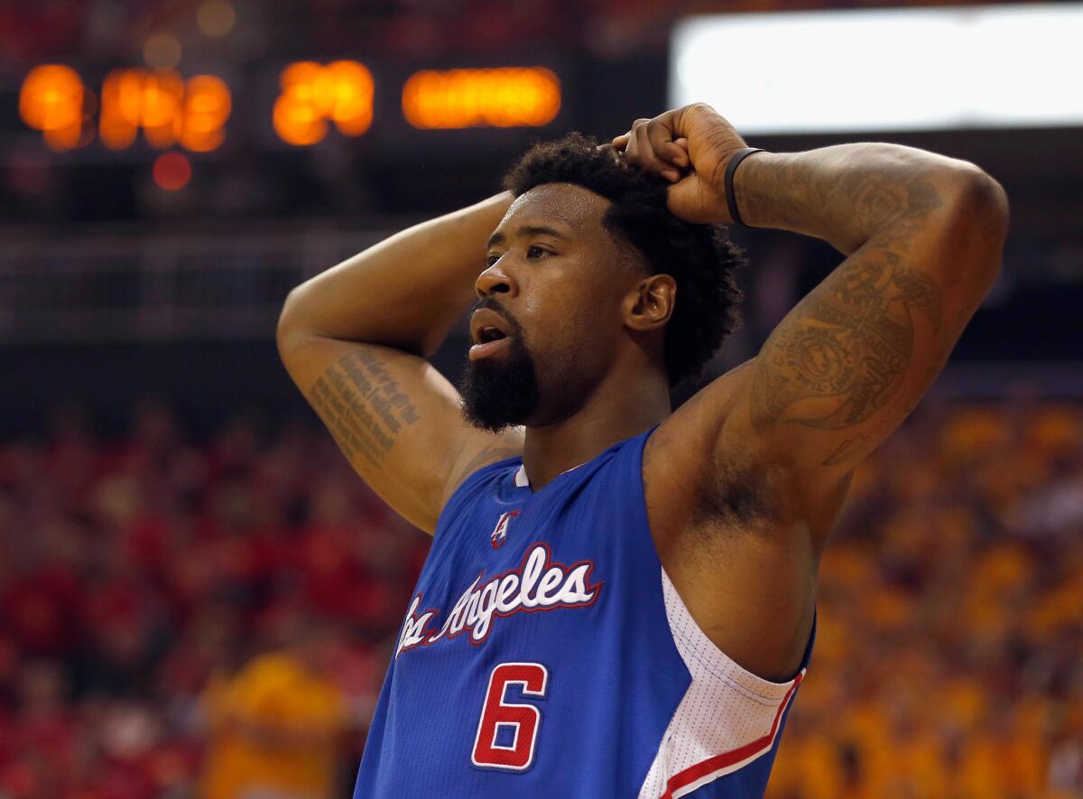 The Clippers' DeAndre Jordan reacts to a call against the Houston Rockets during the Western Conference semifinals in May.