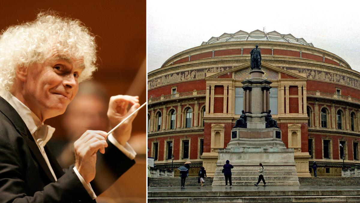 Conductor Simon Rattle in 2009, and the Royal Albert Hall in London.