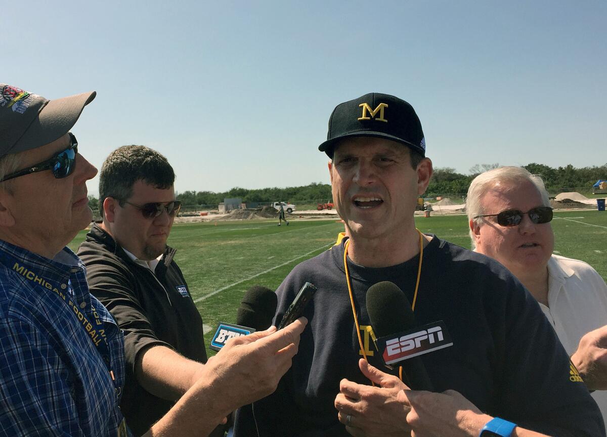 Michigan Coach Jim Harbaugh speaks to reporters after a spring practice at IMG Academy in Bradenton, Fla., on Feb. 29.