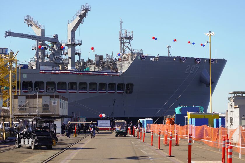 The USNS Earl Warren (T-AO 207) is seen on Saturday, Jan. 21, 2023 in San Diego, as she is christened by Supreme Court Justice Elena Kagan. (Nelvin C. Cepeda/The San Diego Union-Tribune via AP)