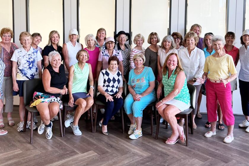 Country Club of Rancho Bernardo Lady Niners members and former members who gathered for their 55th anniversary celebration. Seated are former chairs Rita Gomez, Carol Gutensohn, Joanne Gulde and Marilyn O’Neill with current chair Liz Hoffman.