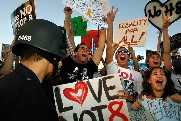 More than a thousand people marched down Westwood Boulevard to protest the passage of Proposition 8.