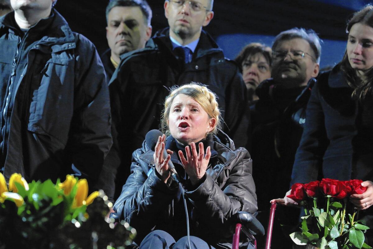 Former Ukrainian Prime Minister Yulia Tymoshenko, freed from prison, addresses antigovernment protesters in Kiev's Independence Square. She appeared in a wheelchair because of a spinal condition that worsened while she was imprisoned.