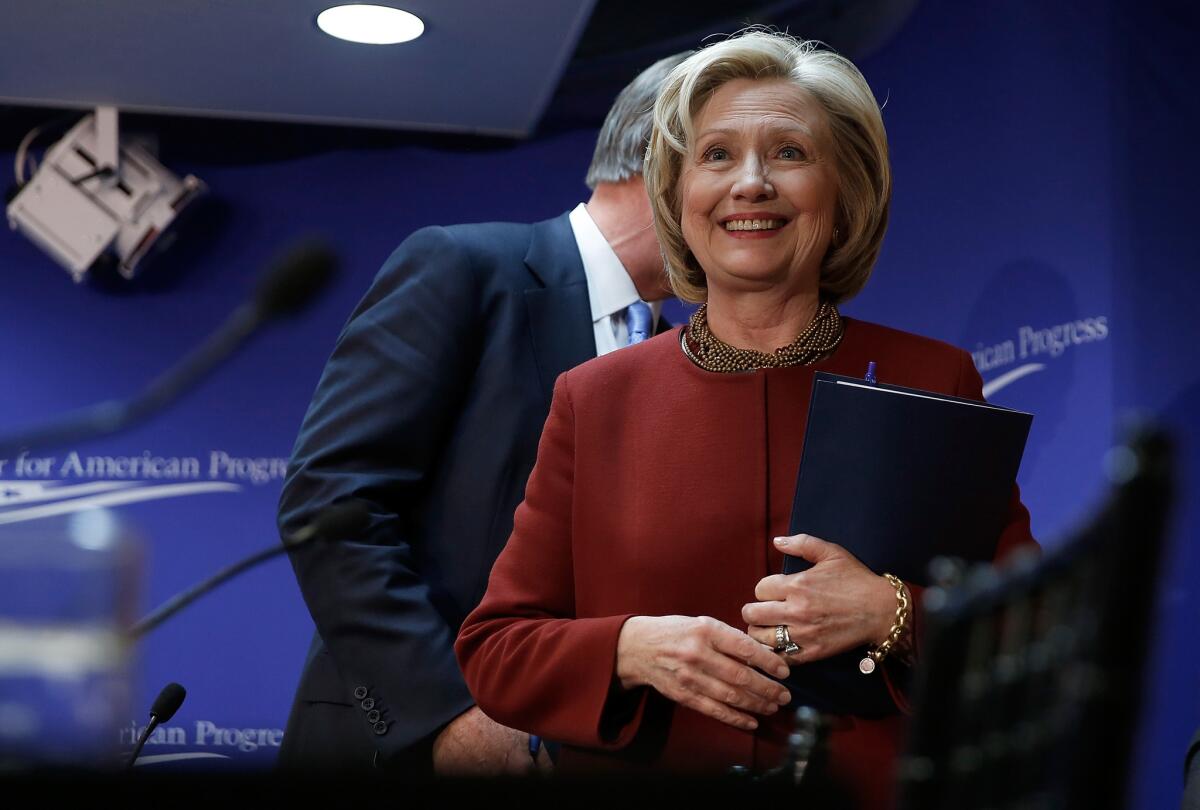 Hillary Clinton departs after speaking at the Center for American Progress on March 23 in Washington.