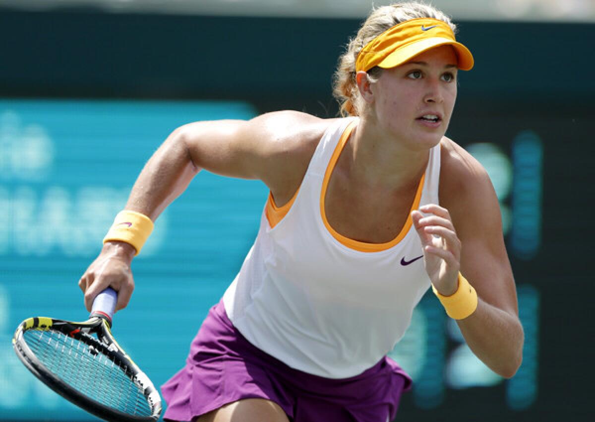 Eugenie Bouchard breaks toward the ball during her quarterfinal victory over second-seeded Jelena Jankovic on Friday.