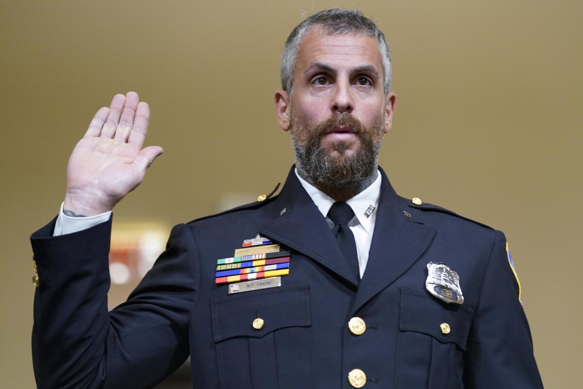 Washington Metropolitan Police Department officer Michael Fanone in uniform holds his right hand up