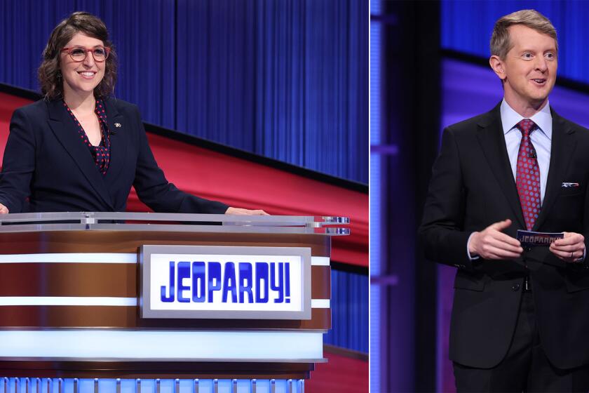 A split image of Mayim Bialik in a blue suit and a Ken Jennings in a black suit, both hosting Jeopardy