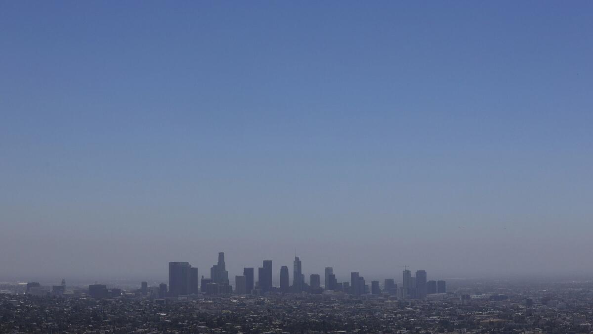 The skyline of downtown Los Angeles is seen from Griffith Observatory on Monday.