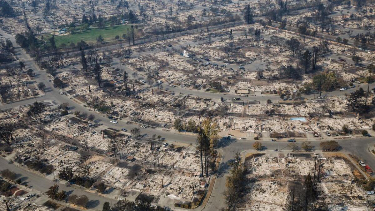 An aerial view of the damage caused by wildfire that destroyed the Coffey Park neighborhood in Santa Rosa, Calif.