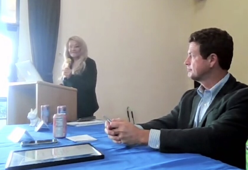 Jerri Hunt addresses the La Jolla Town Council as its new president July 14 as previous president James Rudolph listens.