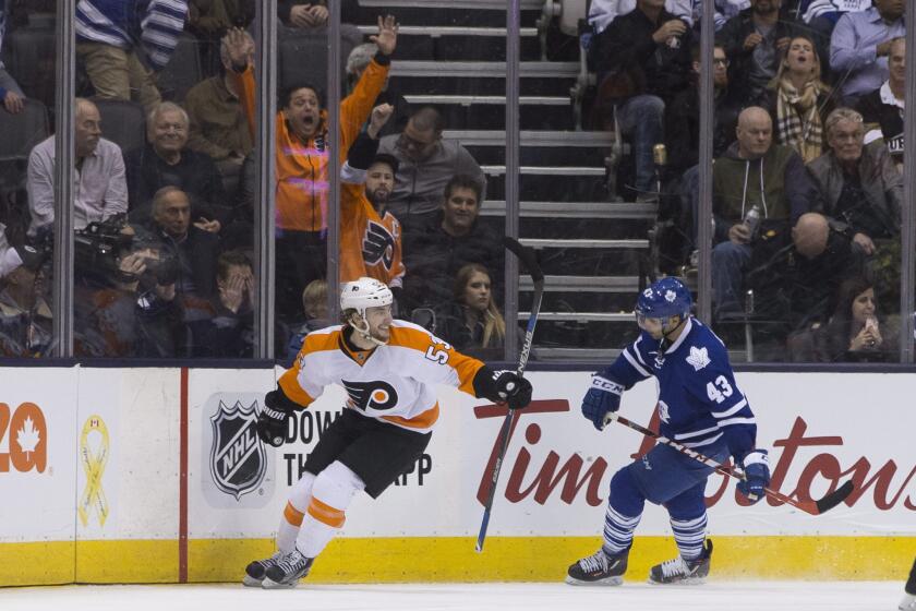 Flyers defenseman Shayne Gostisbehere (53) celebrates after scoring the winning goal against the Toronto Maple Leafs.