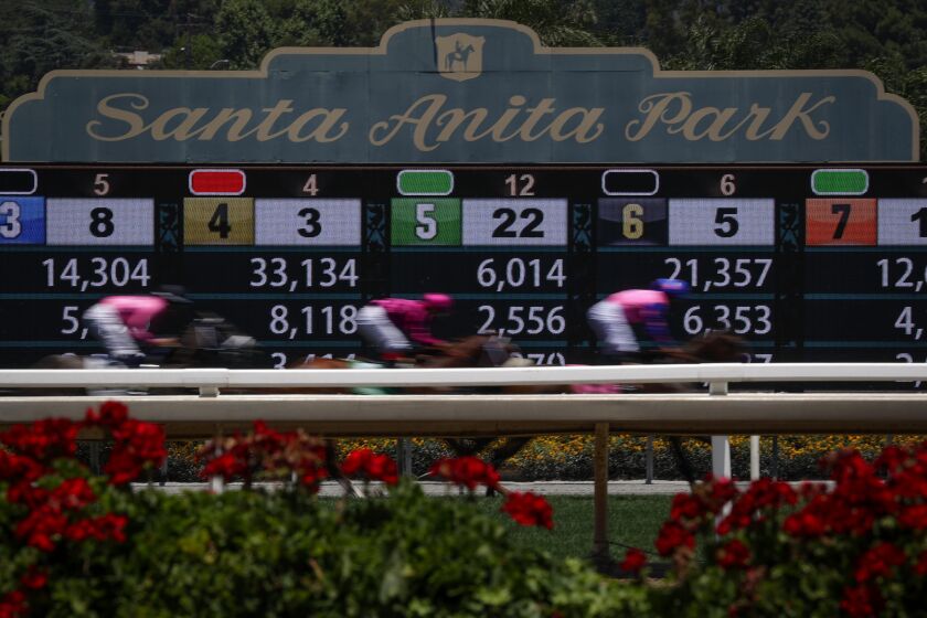 Horses finish the the first race during the last day of the winter/spring meet at the Santa Anita horse racing track Sunday, June 23, 2019, in Santa Anita, Calif.