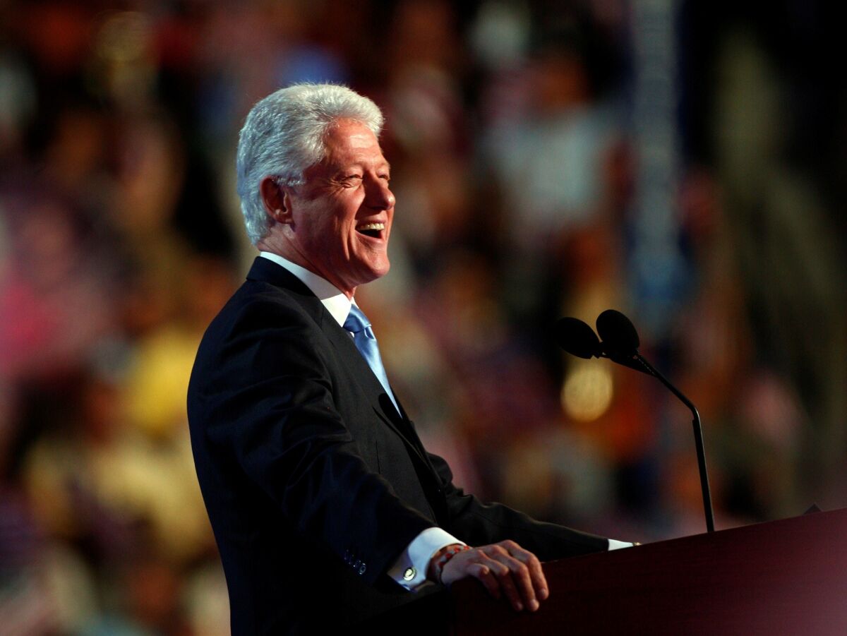 Former President Bill Clinton addresses the Democratic National Convention in Denver on Aug. 27, 2008.