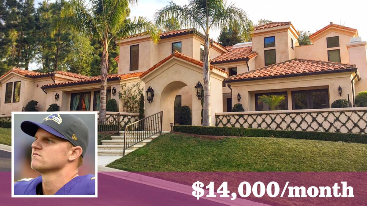 NFL quarterback Jimmy Clausen has put an investment property in the Westlake Village area up for lease at $14,000 a month.
