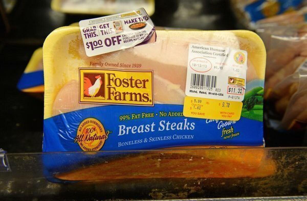Foster Farms chicken is seen for sale in a grocery store in Los Angeles.
