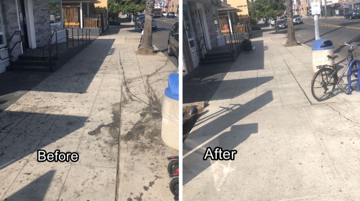 A before-and-after example of the Pacific Beach Town Council's sidewalk power-washing efforts on Garnet Avenue.