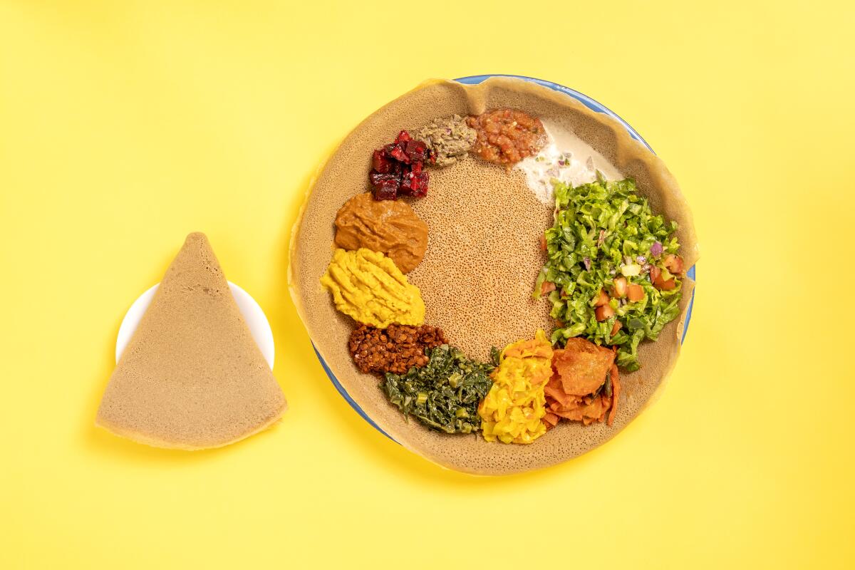 LOS ANGELES, CA - OCTOBER 22, 2020 - Vegetable Combination on Injera at Meals By Genet.