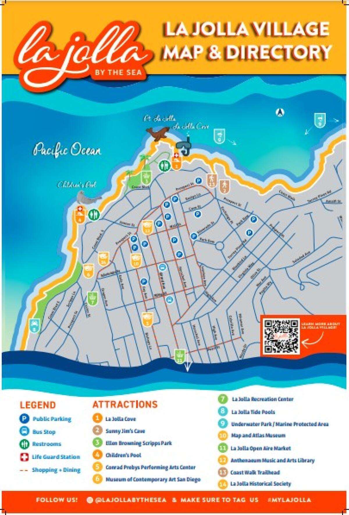 A La Jolla Village Merchants Association map shows local attractions, parking lots and "shopping and dining district." 